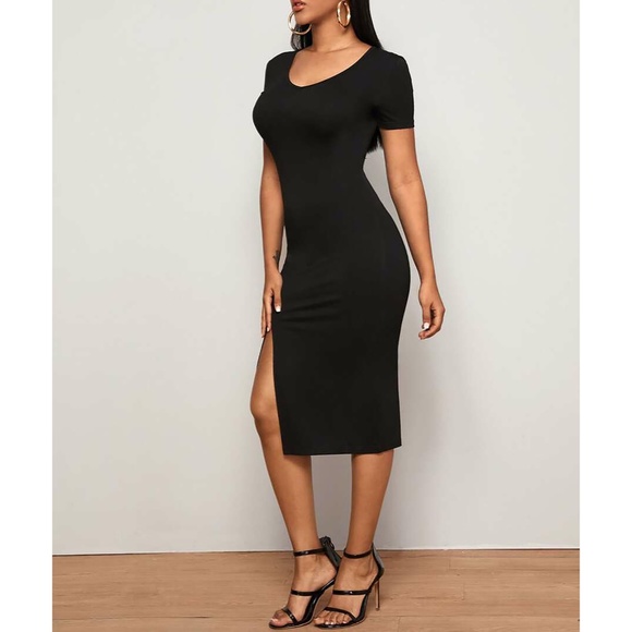 Black Short Sleeve Side Slit Basic Midi Dress - Picture 3 of 5